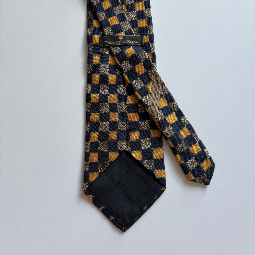 Ermenegildo Zegna 100% Silk Tie Navy Blue Mustard Yellow Checkered Pattern